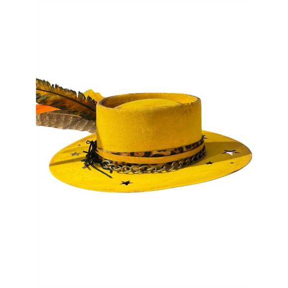 NEW ART BY AMY LABBE women's cut out fedora hat in yellow star - Picture 2 of 3